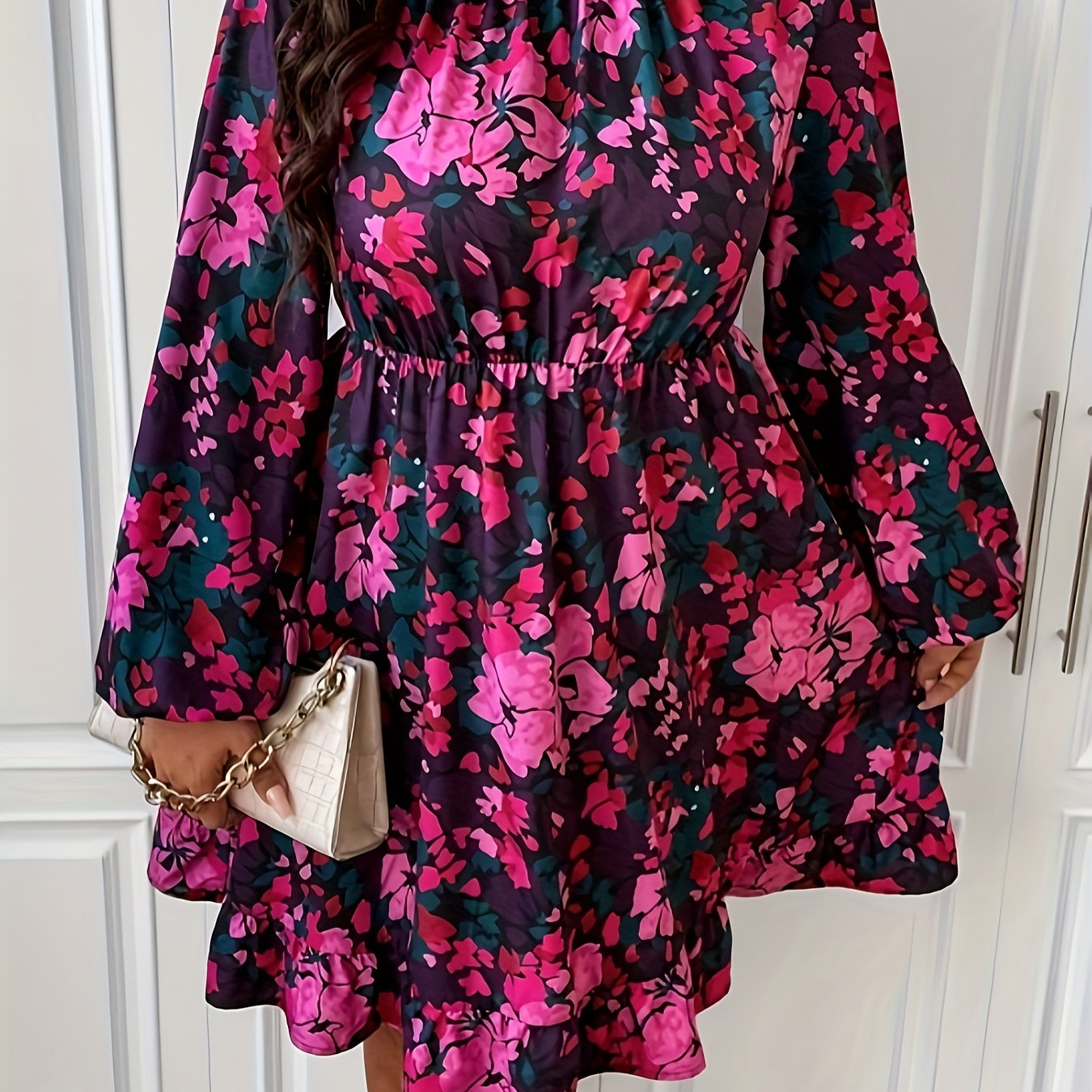  Floral Print Lantern Sleeve Smock Dress