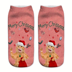 Cartoon Cat Print Crew Socks 2 Pairs Women's Stockings
