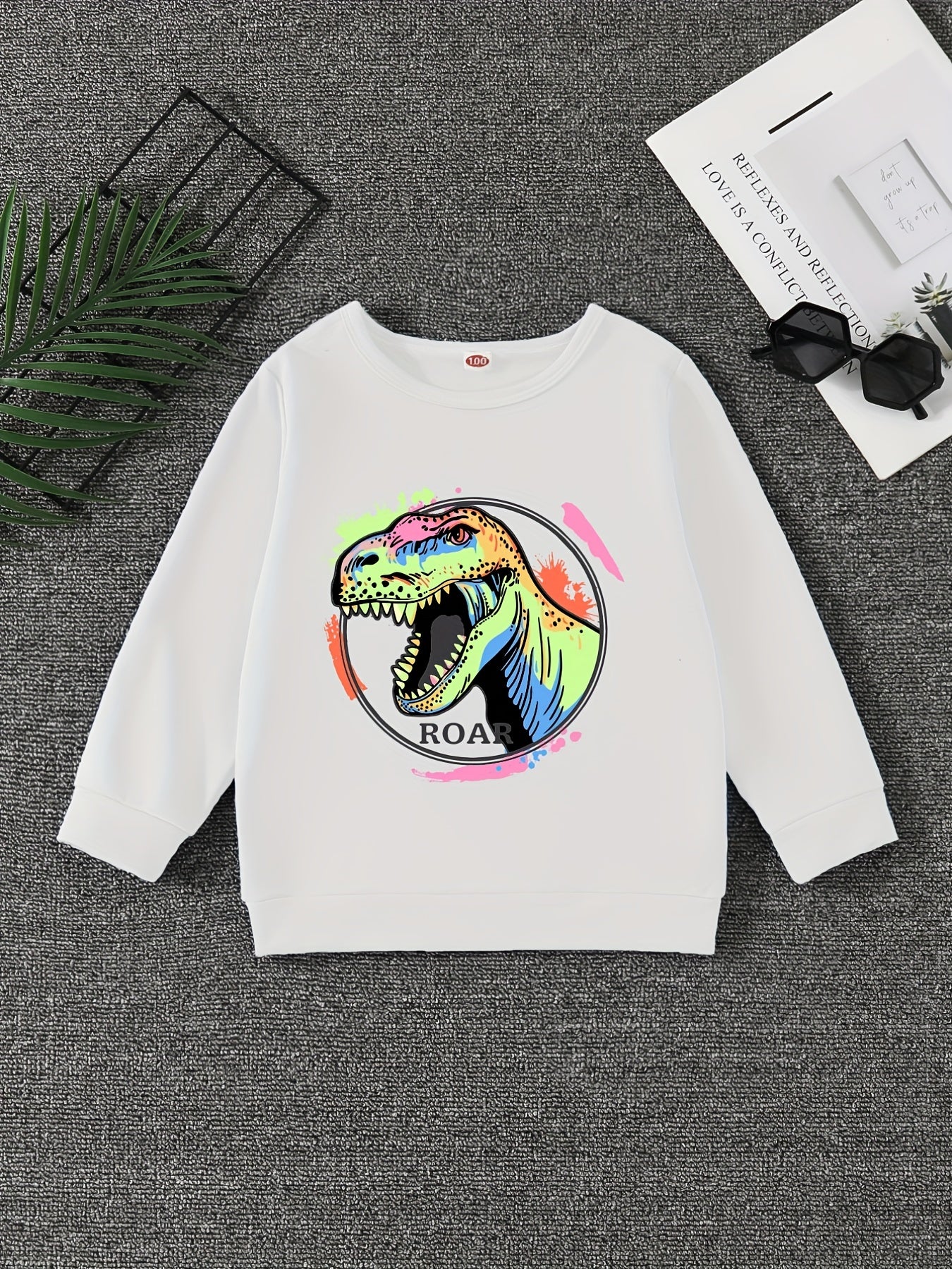 Dinosaur Print Boys Casual Pullover Sweatshirt Long Sleeve Crew Neck Tops