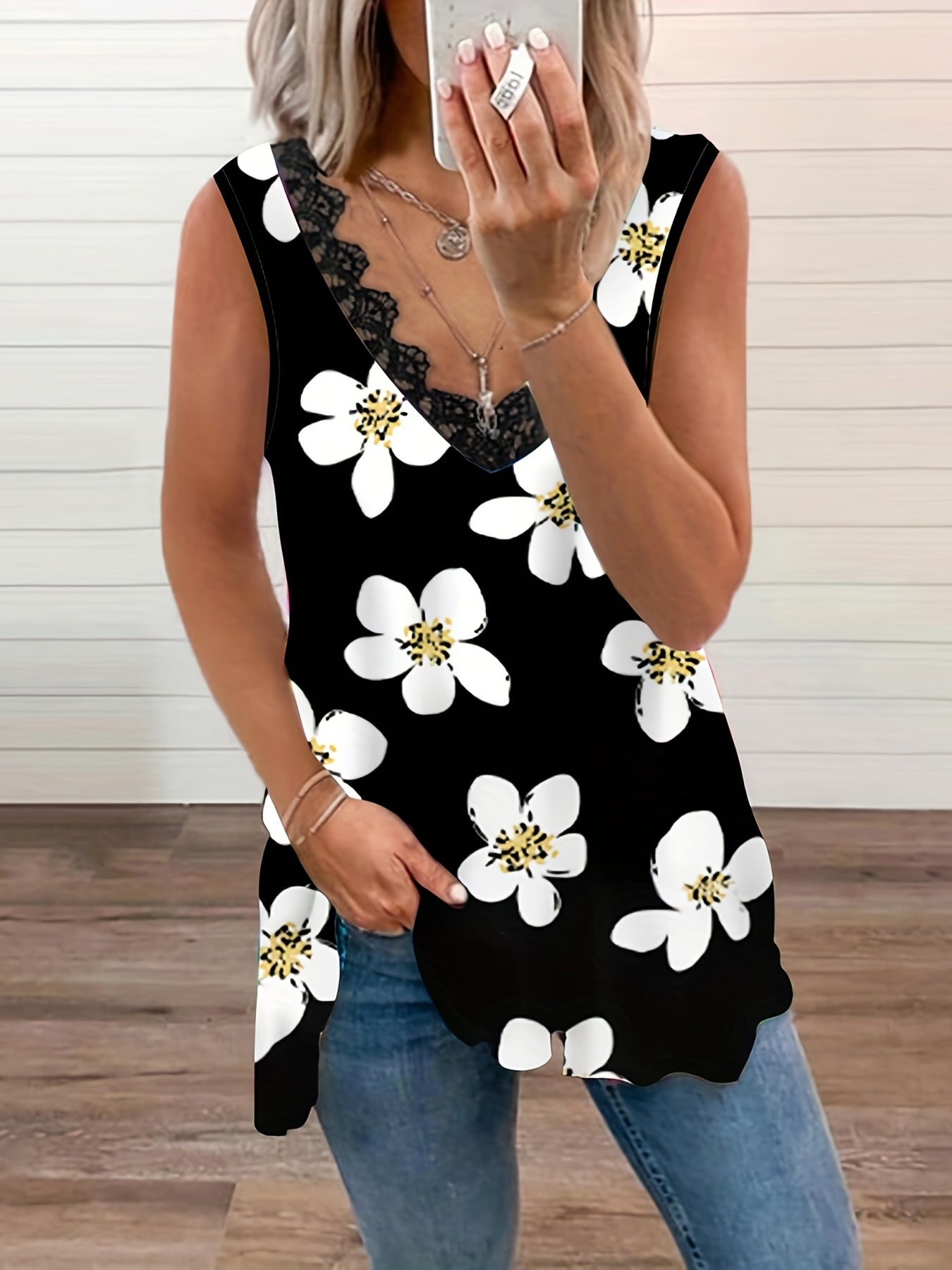  Floral Print Lace Trim V Neck Tank Top