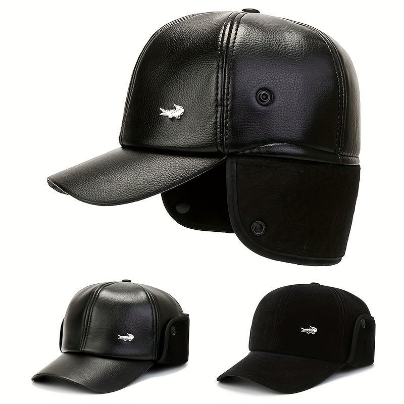 Men's Winter Ear Protection Fleece Leather Hat Outdoor Ski Cap
