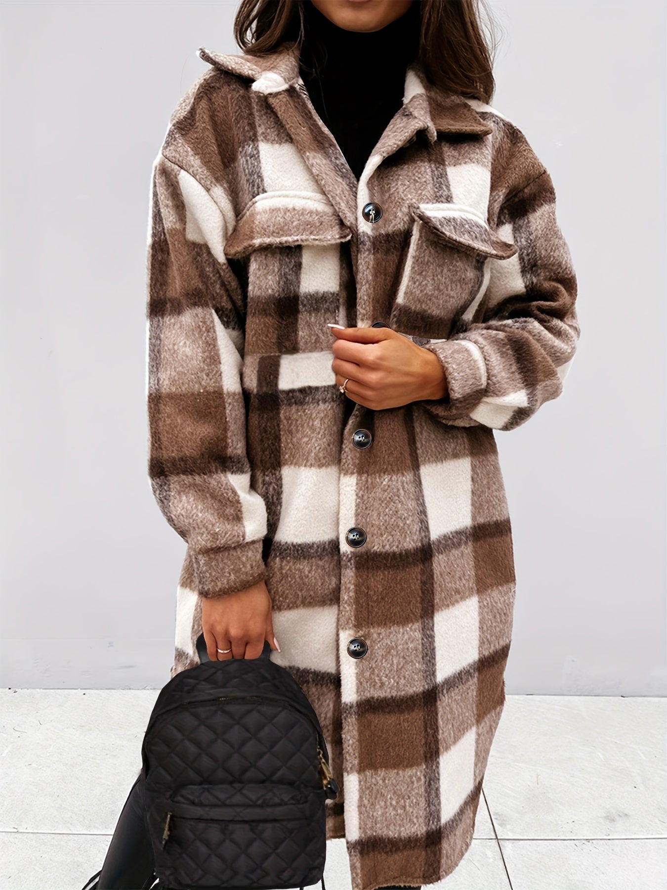 Women's Plaid Brushed Mid Length Loose Jacket