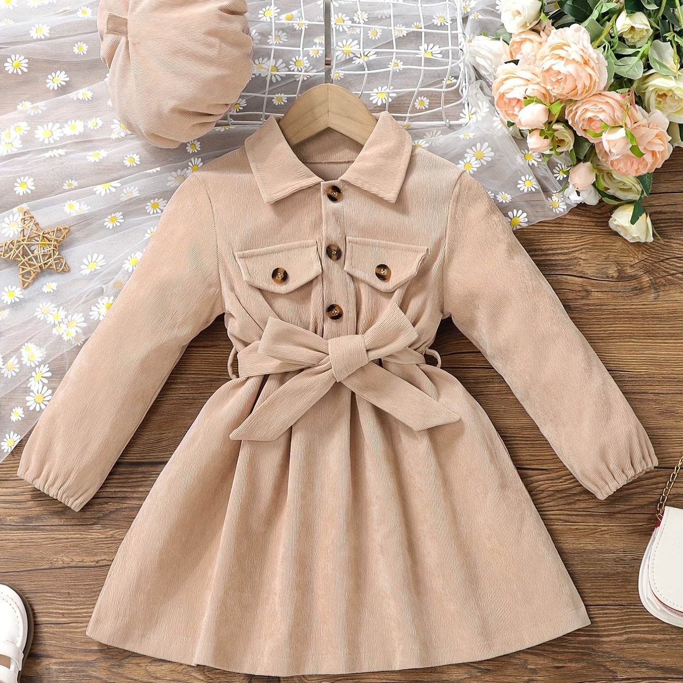 Girls Corduroy Button Front Collar Neck Dress Set