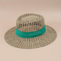 Flat Top Summer Sun Hat Hollow Straw Hat British Jazz Fedora Cap