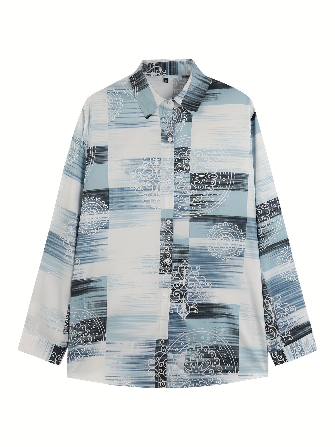  Boho Blouse Women's Plus Colorblock Floral Print Button Up