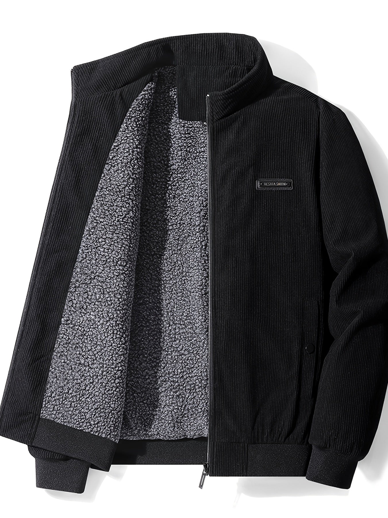 Corduroy Solid Jackets For Men Zip Up Stand Collar Coat