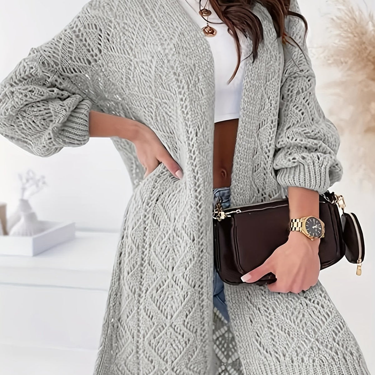  Solid Long Sleeve Open Front Knitted Sweater Cardigan