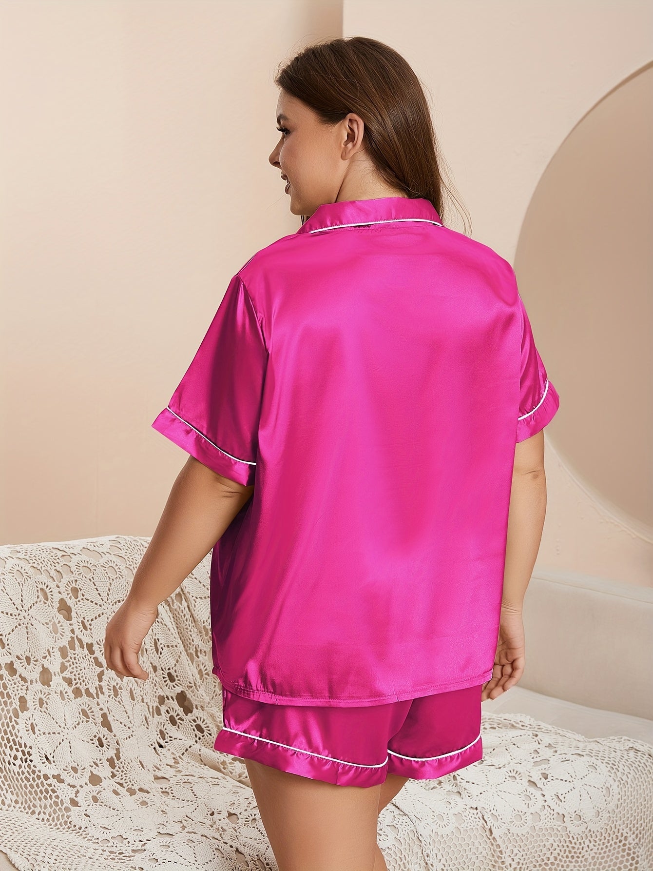  Satin Button Front Pajama Set Women's Plus Loungewear Set