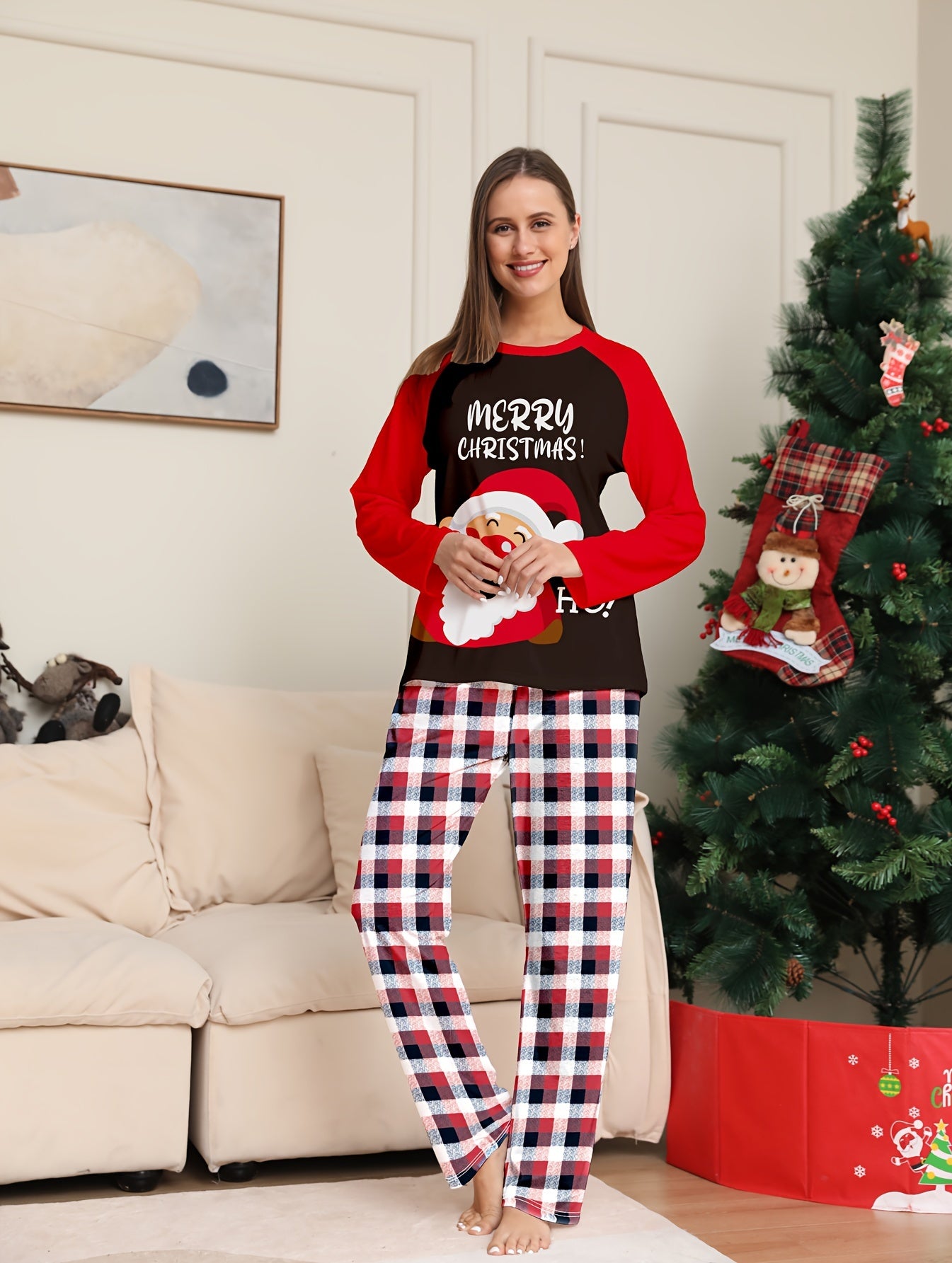 Cartoon Christmas Print Pajama Set Long Sleeve Crew Neck Top & Plaid Pants