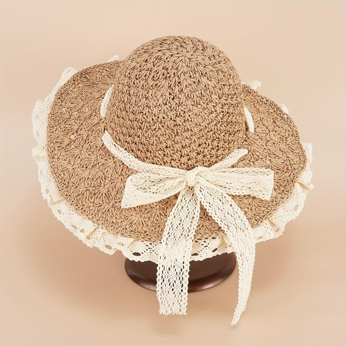 Foldable Straw Sun Hat Lace Edge Handwoven Hollow Butterfly Knot Beach Hat