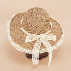 Foldable Straw Sun Hat Lace Edge Handwoven Hollow Butterfly Knot Beach Hat