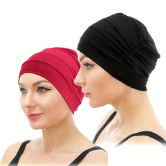2pcs Ruched Turban Solid Inner Cap Lightweight Head Wrap Underscarf Beanie Cap