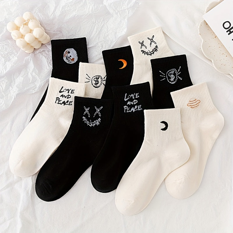 5 Pair Cartoon Print Socks Mid Tube Stockings