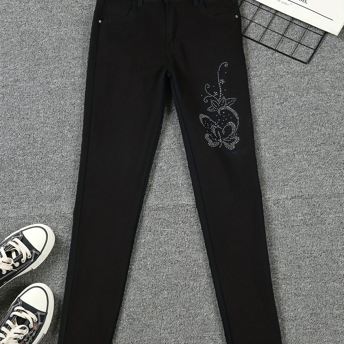 Glitter Flower Rhinestone Denim Pants Skinny Jeans Women's Clothing