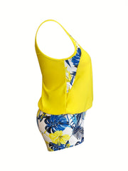  Colorblock Tankini Set Tropical Print Round Neck Swimsuit 2-Piece
