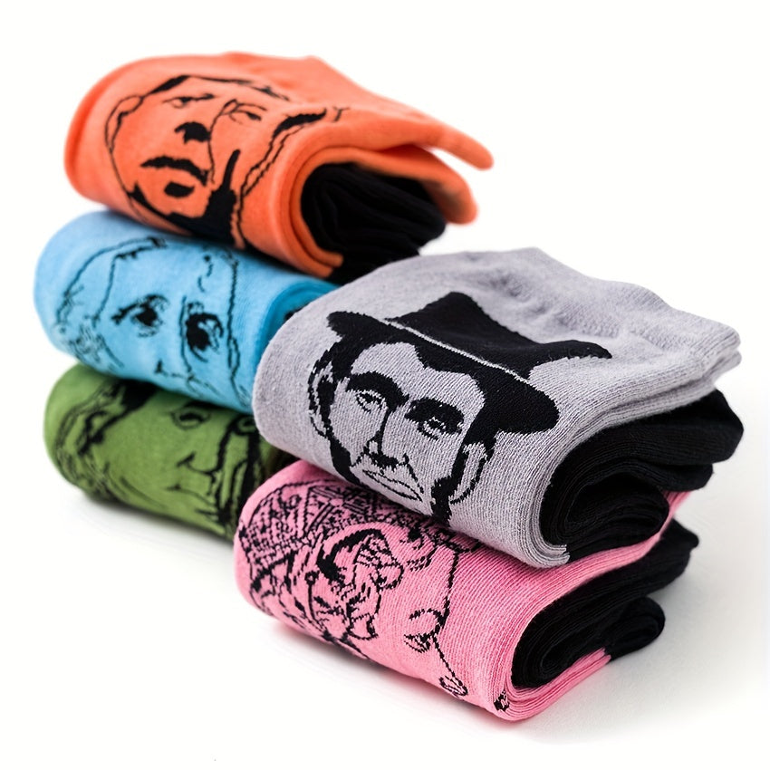 5 Pairs Portrait Print Socks Women's Mid Tube Stockings & Hosiery