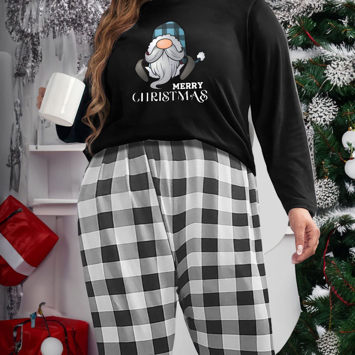  Christmas Loungewear Set Gnome Letter Print T-shirt Plaid