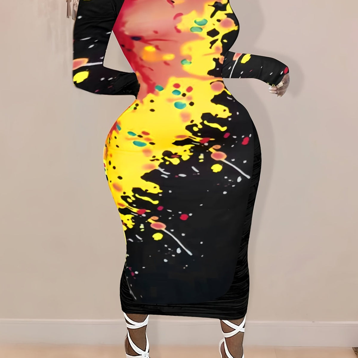  Splash Painting Print Long Sleeve Dress
