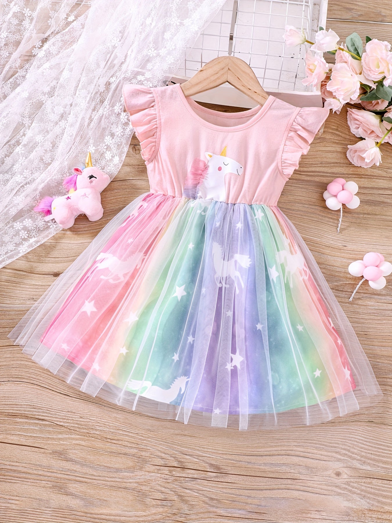Toddler Girls Unicorn Ruffled Sleeveless Mesh Dress Kids Summer Clothes