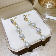 Zircon Faux Pearl Decor Chain Long Dangle Earrings Wedding Jewelry