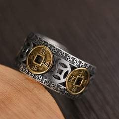 Lucky Five Emperor Copper Money Retro Domineering Ring