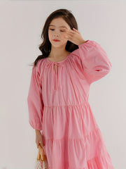 Girl's Solid Cotton One piece Dress Long Sleeve Loose Princess Dress