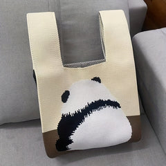 Knitted Panda Pattern Handbag Colorblock Satchel Bag