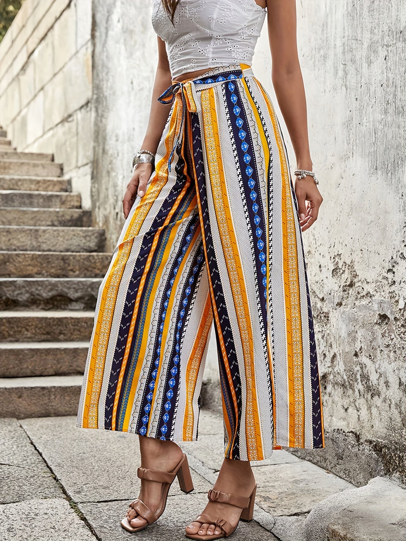  Boho Pants Women's Plus Patchwork Print Wide Leg Trousers