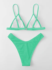 Green V Neck Ruched 2 Piece Bikini Set Spaghetti Strap Swimsuit