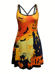  Women's Halloween Tank Dress with Pumpkin & Bat Print