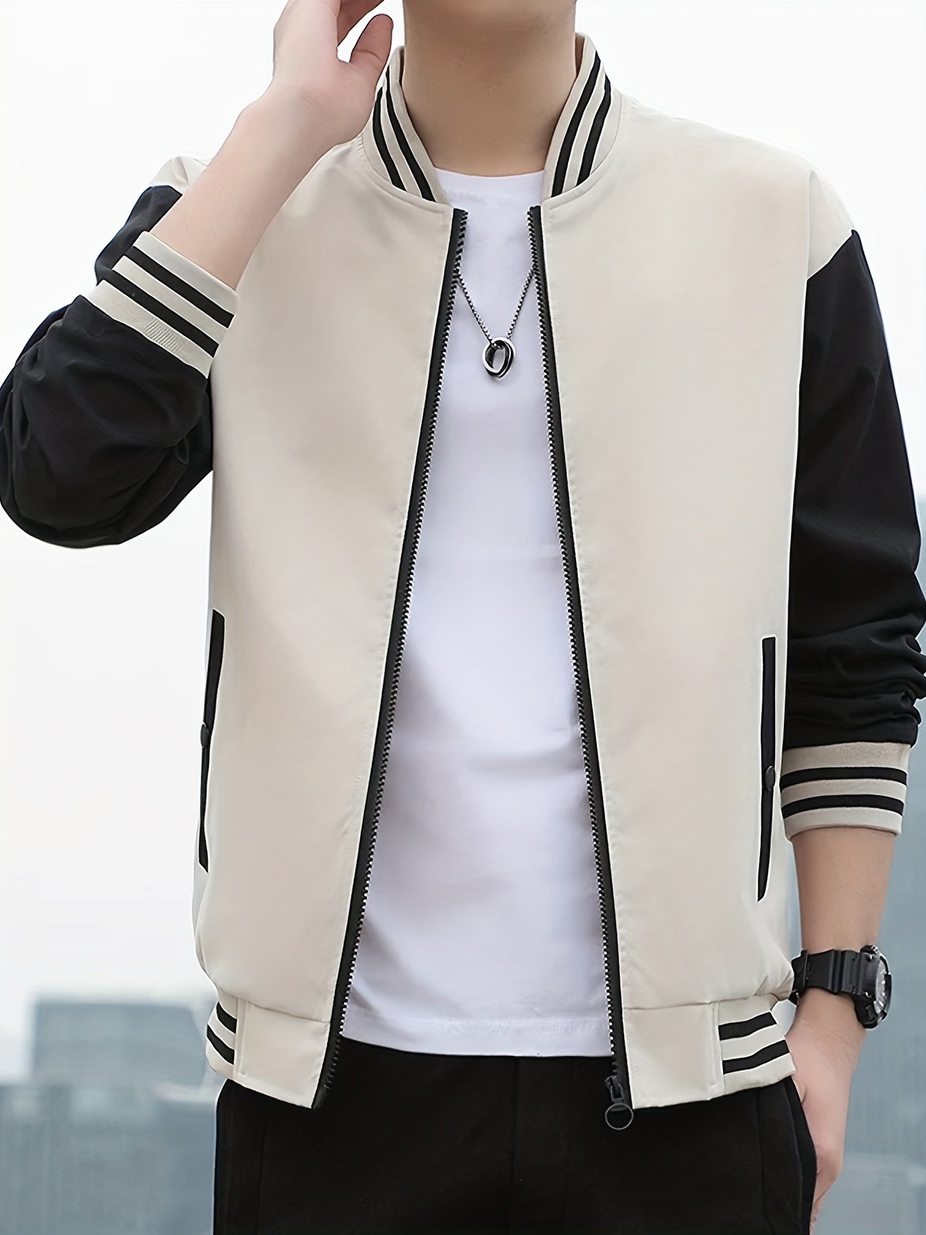 Men's Casual Block Baseball Jacket With Pocket