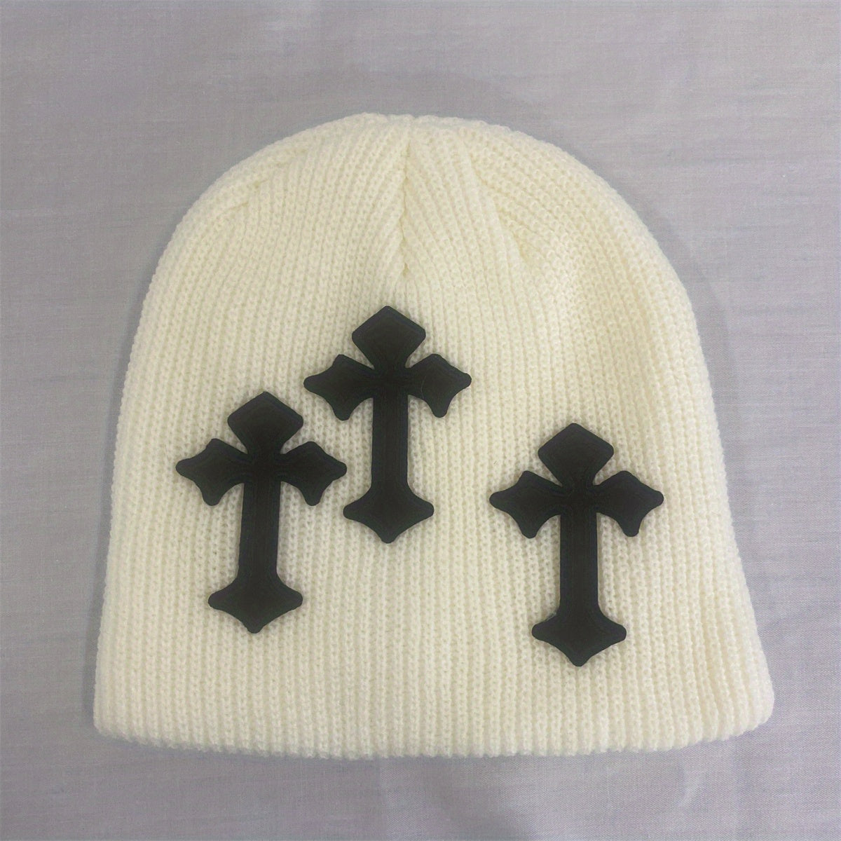 Gothic Cross Patch Knitted Beanie Solid Skull Hat Hip Hop Warm Knit Hat