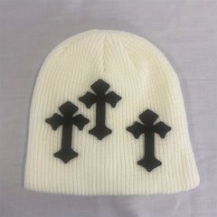 Gothic Cross Patch Knitted Beanie Solid Skull Hat Hip Hop Warm Knit Hat