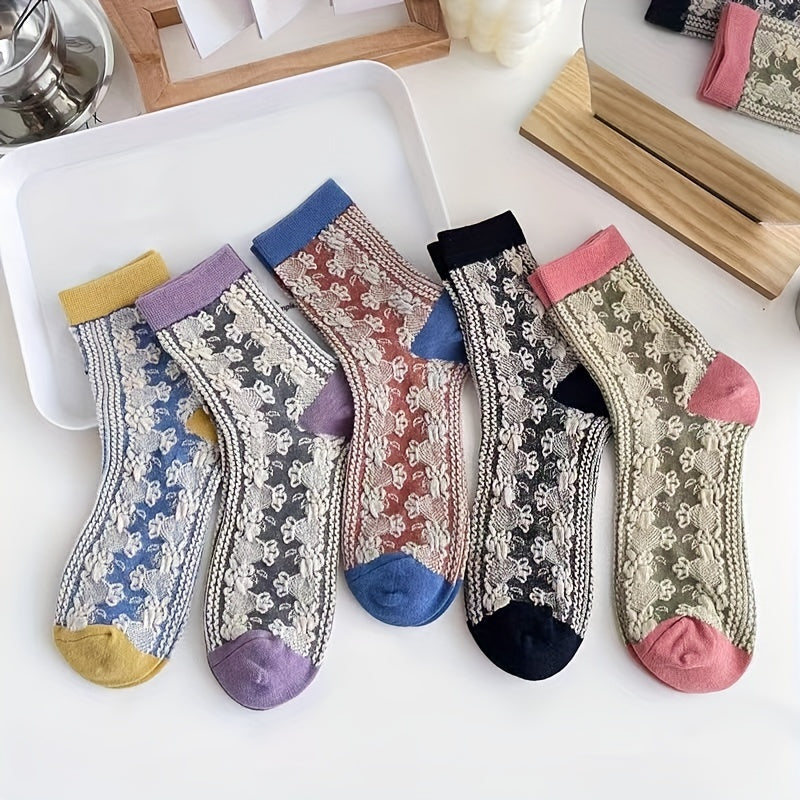 5 Pairs Floral Print Socks Women's Mid Tube Stockings