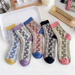 5 Pairs Floral Print Socks Women's Mid Tube Stockings