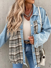  Colorblock Plaid Print Denim Jacket