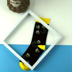 2 Pairs Cartoon Bees Print Socks Comfy Mid Tube Socks Women Stockings