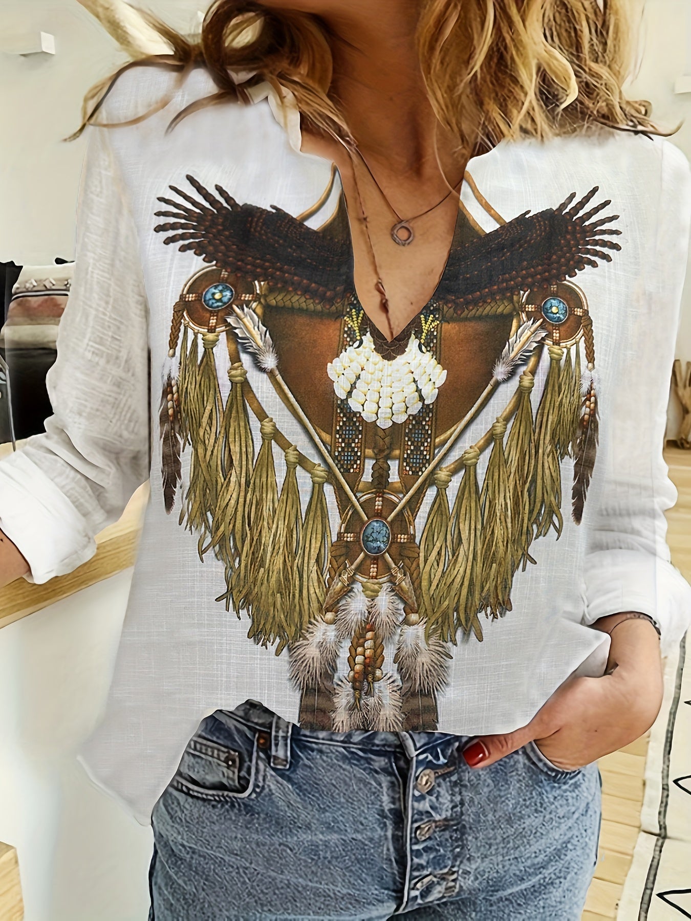  Boho Blouse Women's Plus Tribal Print Long Sleeve Shirt