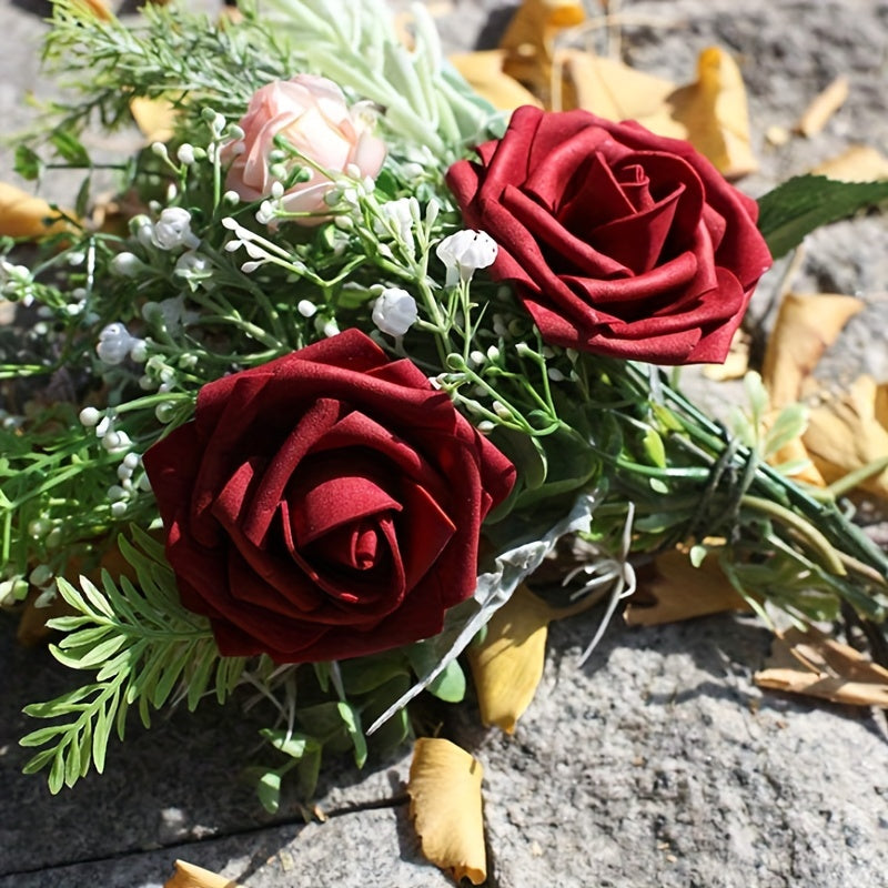 25pcs Real Touch Burgundy Rose Arrangement for Home Wedding Office Cafe Decor