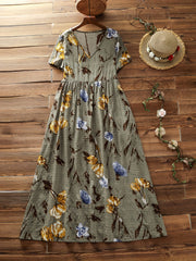  Floral Print V-Neck High Waist Dress