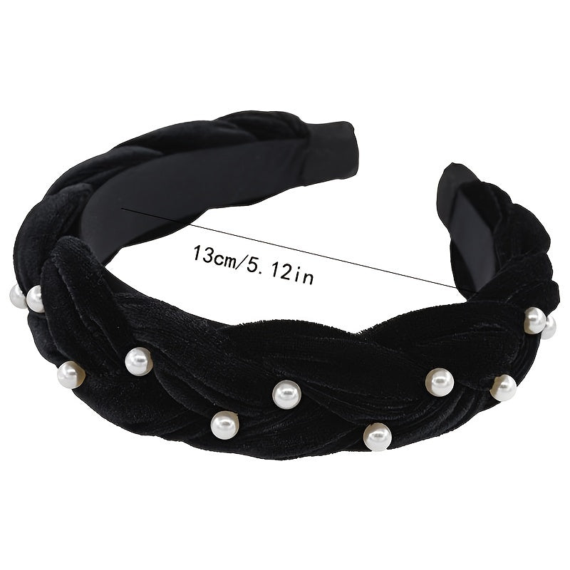 Non Slip Faux Pearl Hairband Twist Wide Velvet Solid Headband