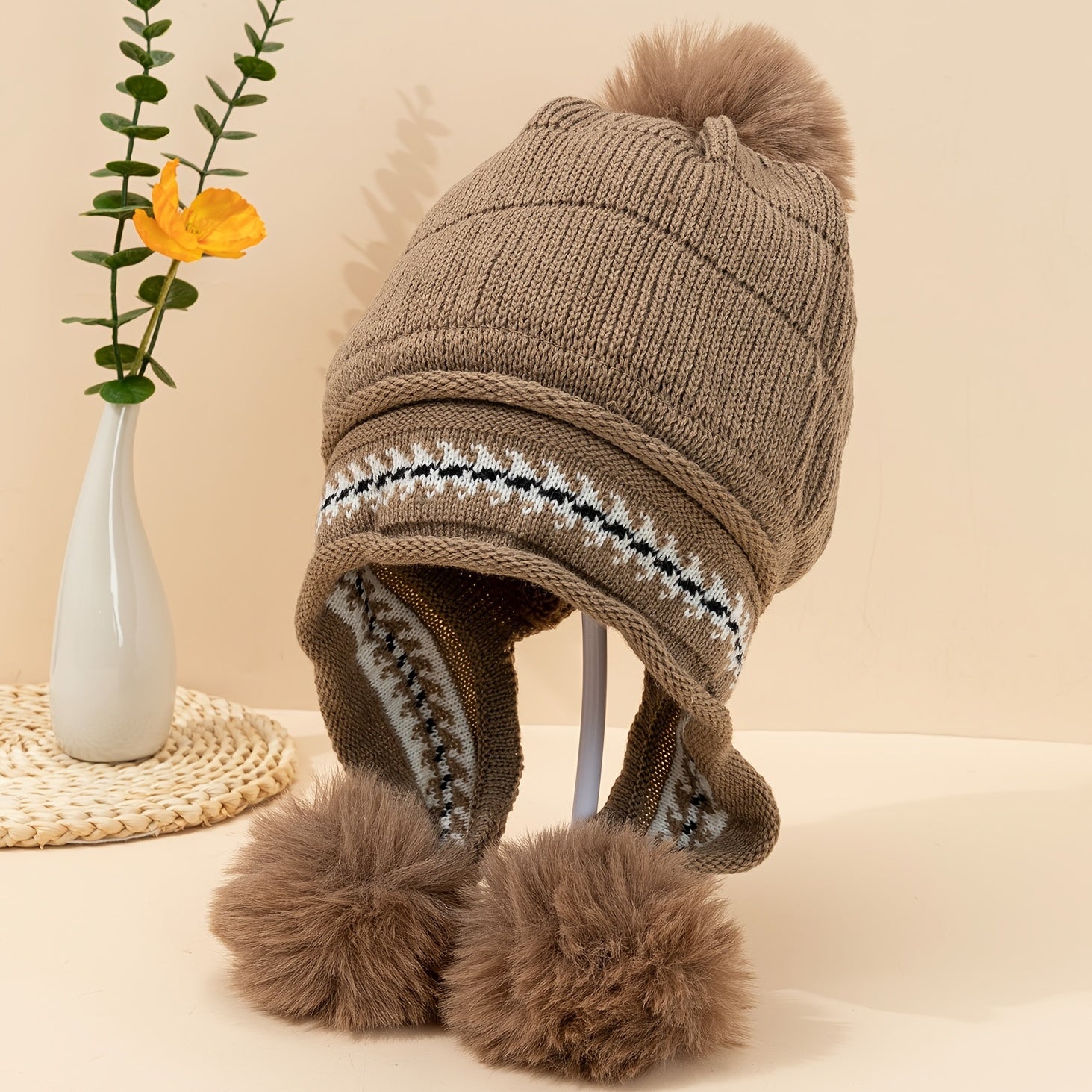 Ladies Printed Fleece Ear Protector Hat with Fur Ball