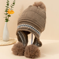 Ladies Printed Fleece Ear Protector Hat with Fur Ball