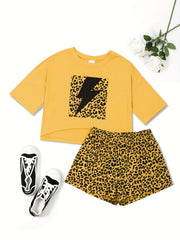  Leopard & Lightning Print Crop Top & Shorts Pajama Set