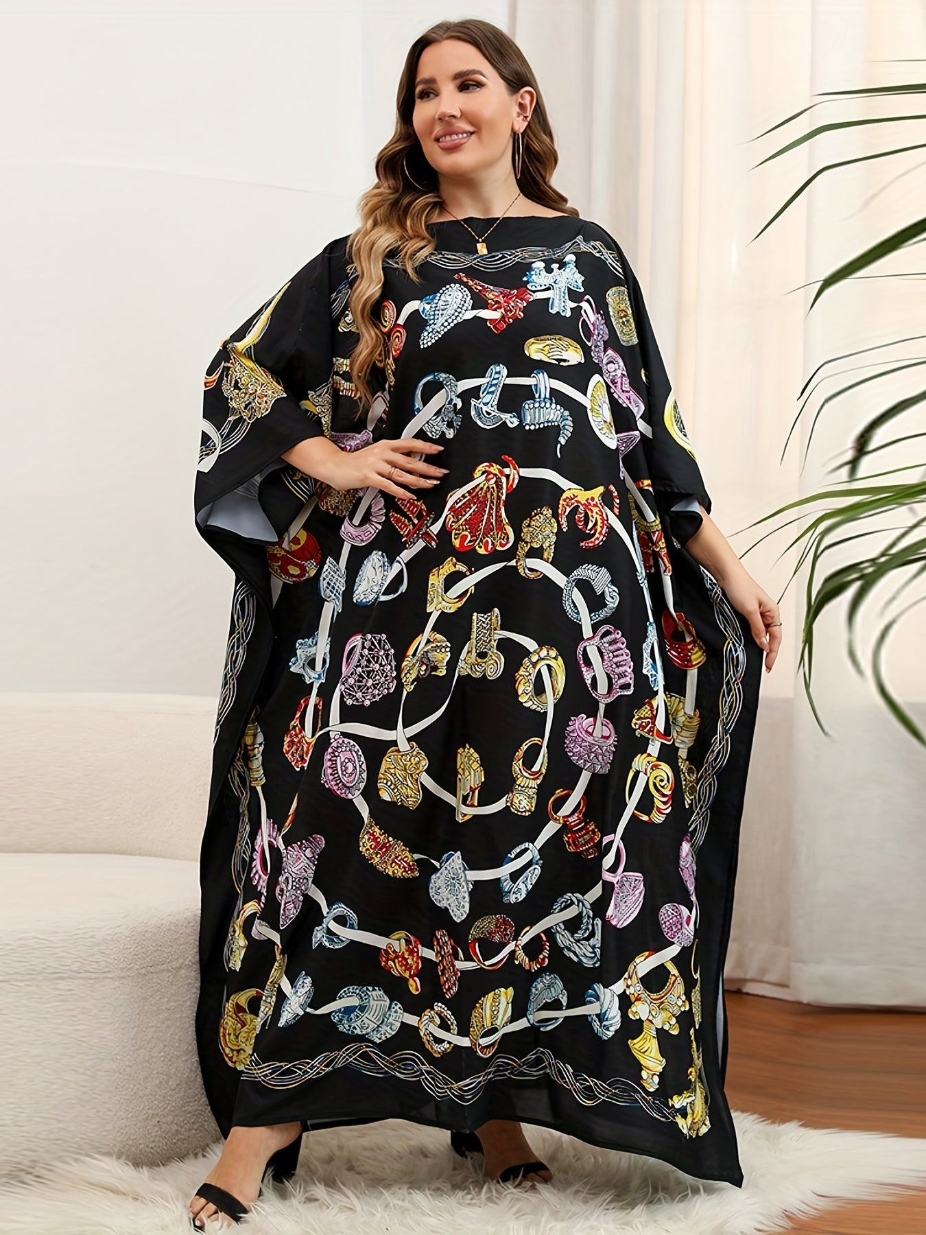  Boho Cover Up Women's Plus Graphic Print Loose Kaftan Dress