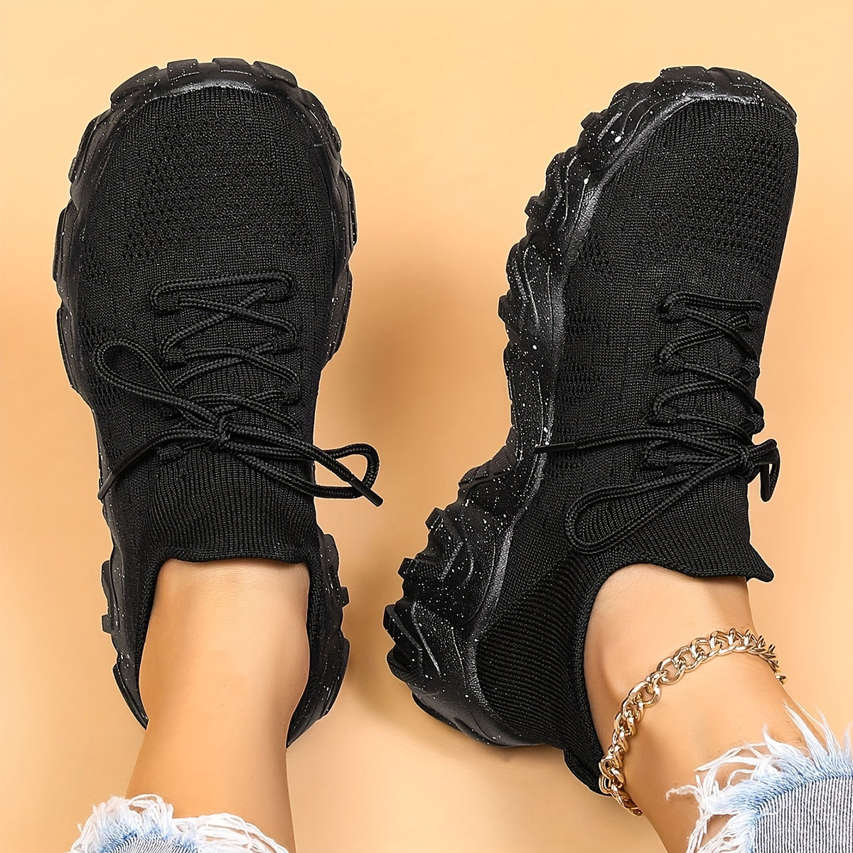Women's Breathable Knit Sneakers Low Top Lace Up Running Shoes