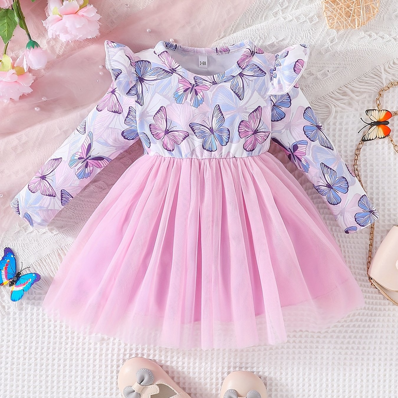 Sweet & Baby Girls Butterfly Print Mesh Dress