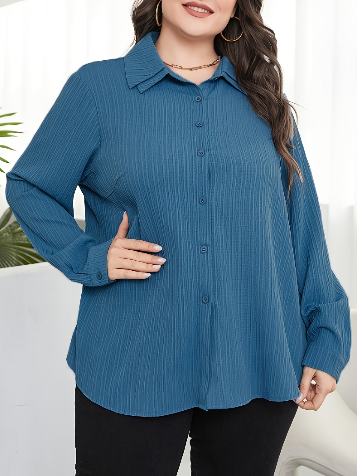  Solid Button Up Long Sleeve Blouse