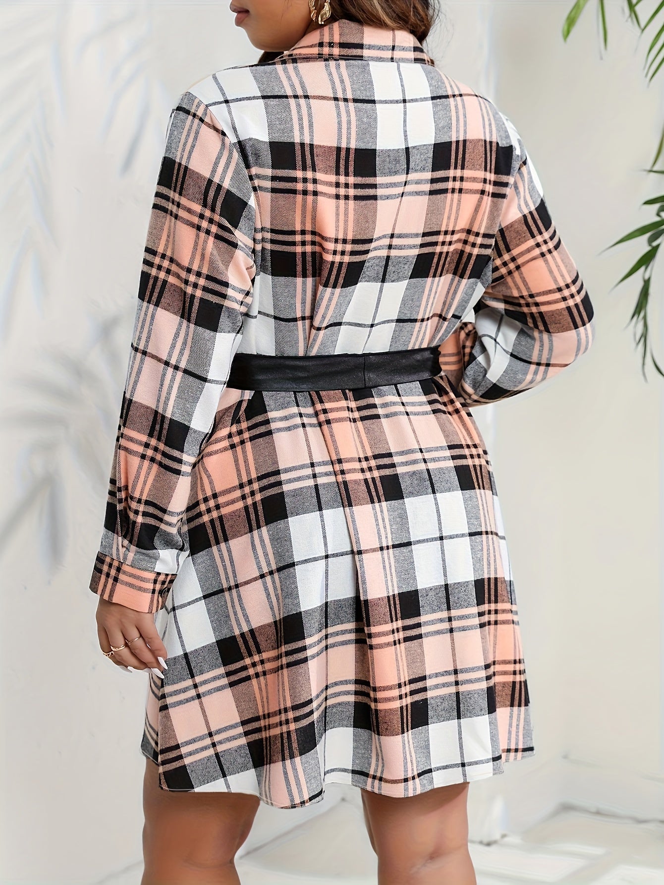  Plaid Print Long Sleeve Button Up Shirt Dress