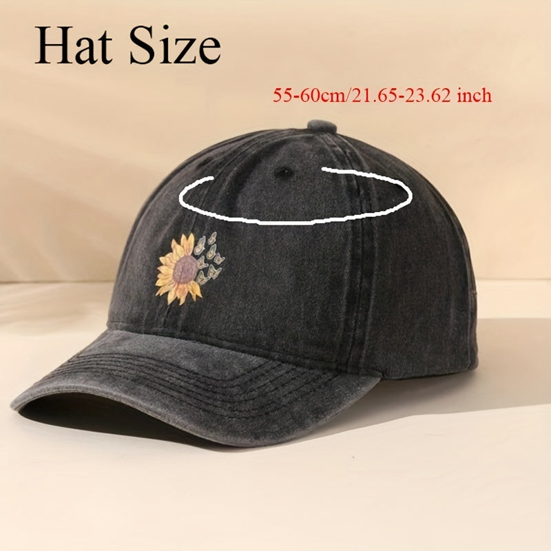 Butterfly Sunflower Print Baseball Cap Denim Washed Dad Hat